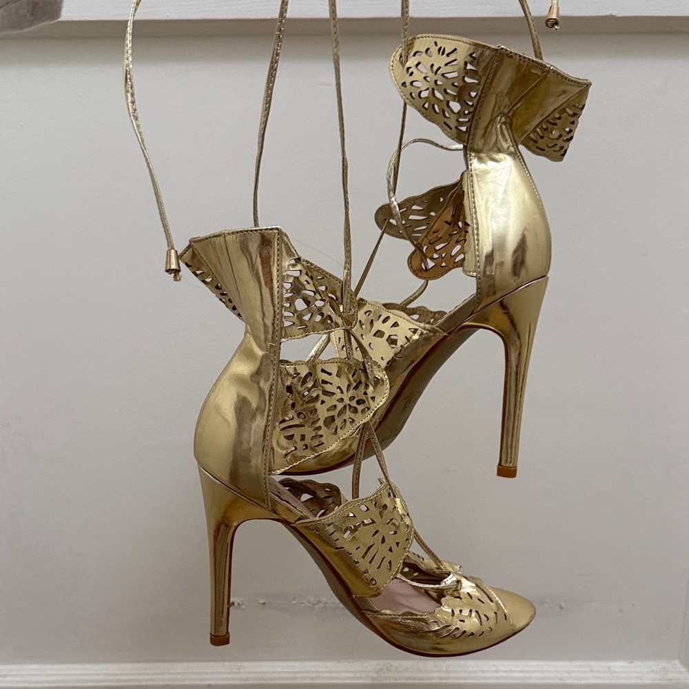 Gold Laser-Cut Lace-Up High Heels